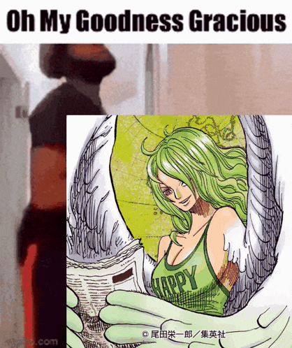 a woman with green hair is holding a newspaper with the words oh my goodness gracious below her