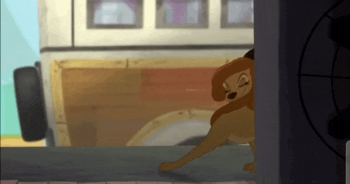 a cartoon dog is standing in front of a window looking out .