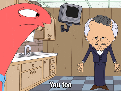 a cartoon shows a man in a suit standing next to another man and the words you too
