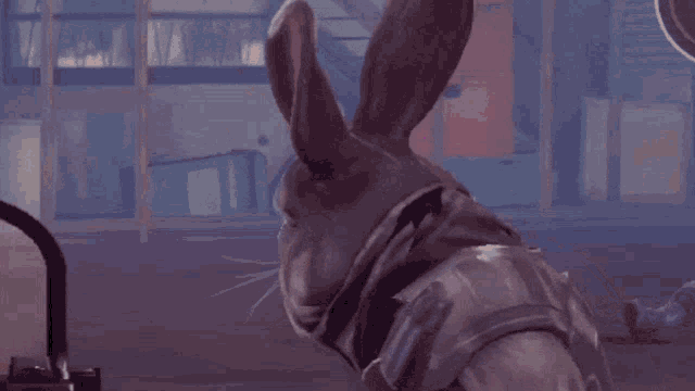 a rabbit with bunny ears is standing in front of a red line