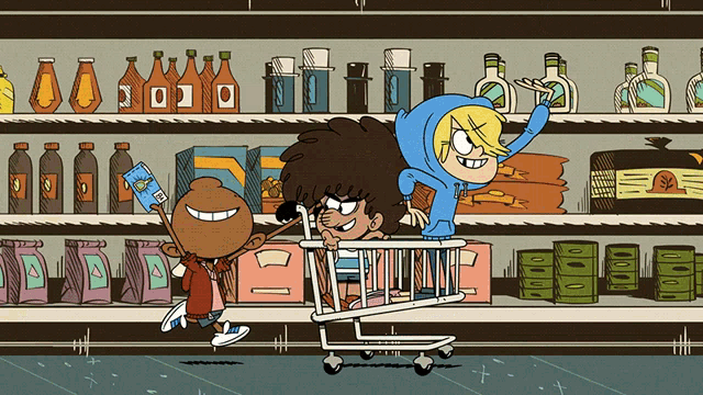 a cartoon drawing of a boy pushing a shopping cart with a girl standing on it