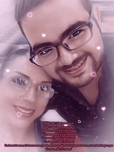 a man and a woman are posing for a picture with a poem in spanish