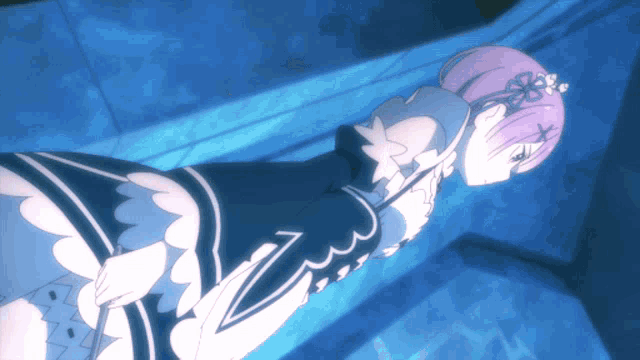 a girl with purple hair and a flower in her hair is standing in a dark room