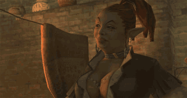 a woman with a ponytail is standing in front of a brick wall in a video game