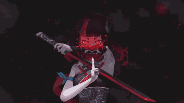 a girl with a red mask on her face holds a sword