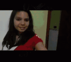 two pictures of a woman in a red shirt