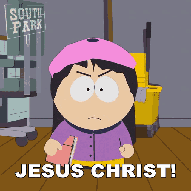 a cartoon character from south park is holding a book and saying jesus christ