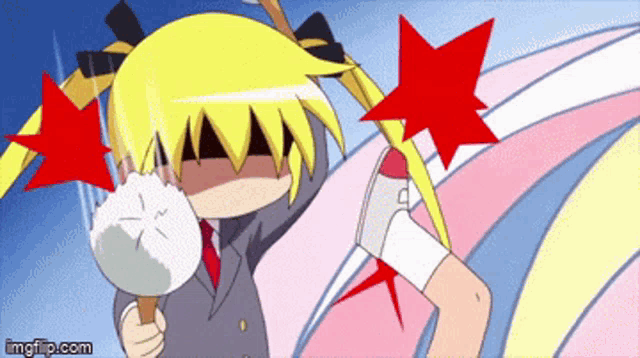 a cartoon of a girl holding a fan with a red star in the background