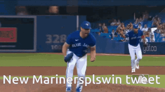 a blue jays baseball player is running on the field with the caption " new marinersplswin tweet "