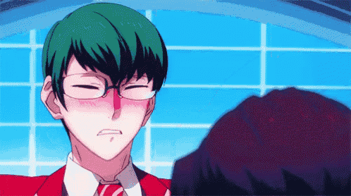 a man with green hair is wearing glasses and a red suit and tie