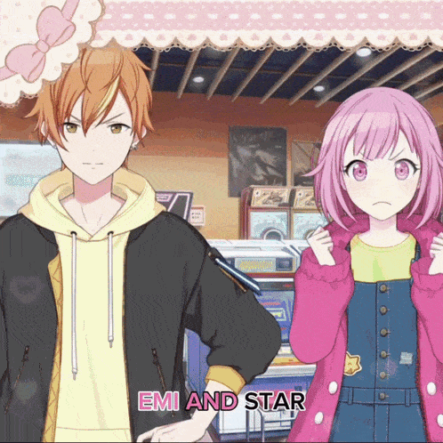 a girl with pink hair is standing next to a boy with orange hair and the words emi and star below them