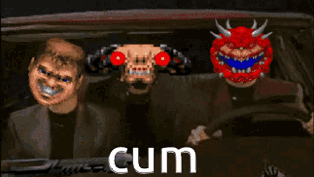 a video game character is driving a car with the word cum on the screen