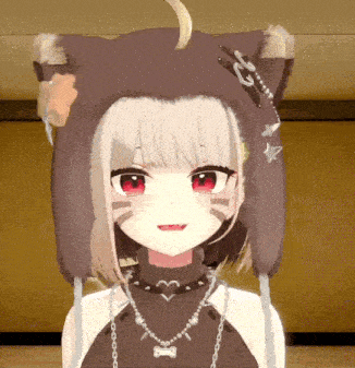 a close up of a girl wearing a cat hat and a necklace