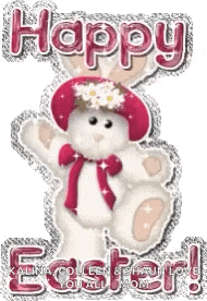 a teddy bear wearing a red hat and scarf with the words `` happy easter '' on it .