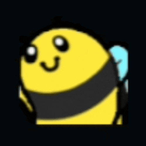 a cartoon bee with a blue wing is smiling and looking at the camera on a black background .