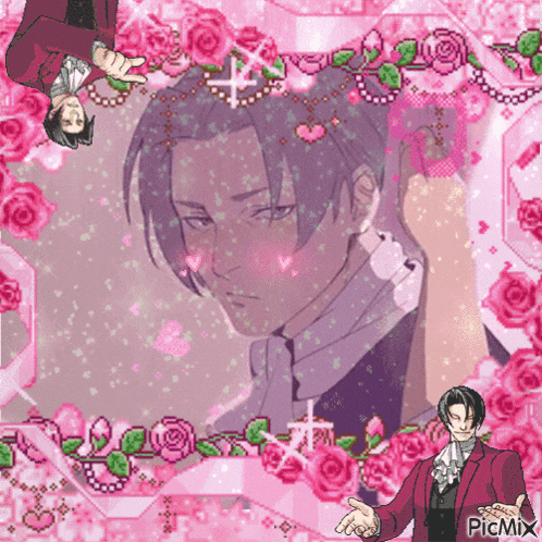 a man in a red suit is surrounded by pink flowers and hearts