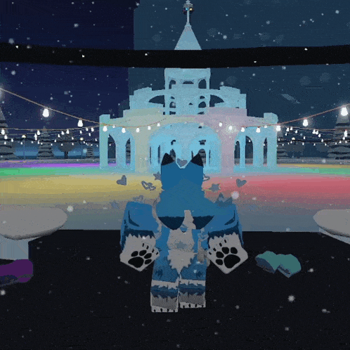 a cartoon character standing in front of a castle with a rainbow background