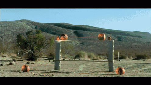 a bunch of pumpkins sitting on top of a fence in the desert