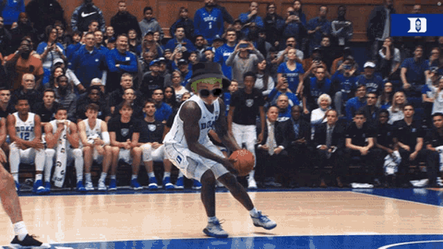 a duke basketball player dribbles the ball on a court