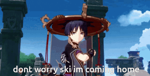 a cartoon character with a hat says " dont worry ski im coming home "