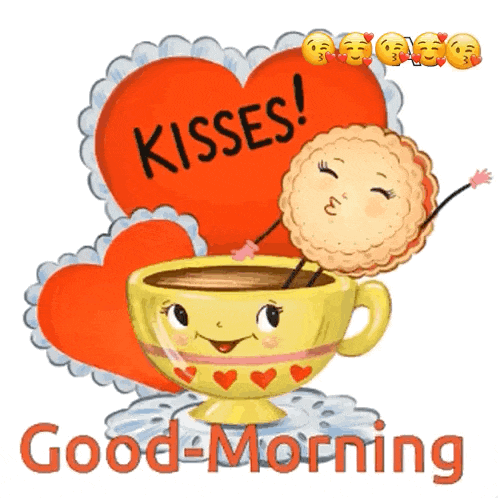 a cup of coffee with a cookie sticking its tongue out and a heart that says kisses on it