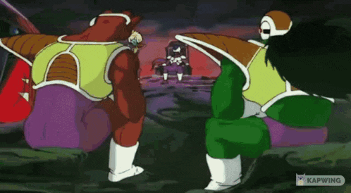 a group of cartoon characters standing next to each other in a dark room .