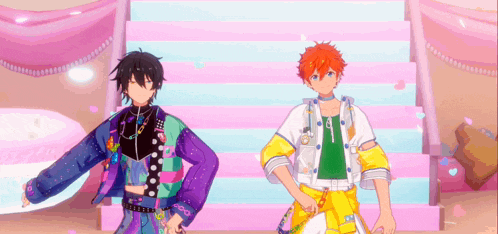 a couple of anime characters are standing next to each other on a set of stairs .