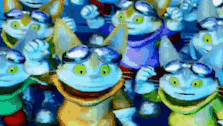a group of cartoon cats wearing goggles are standing next to each other and smiling .