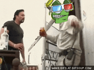 a man wearing 3d glasses is standing next to another man holding a drink