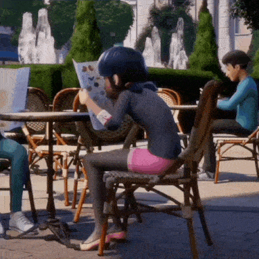a cartoon girl is sitting at a table reading a book .