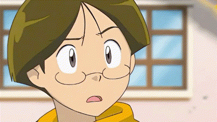 a cartoon character with glasses and a yellow sweater