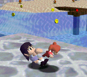 two cartoon characters are playing a video game on a beach with smiley faces on the water