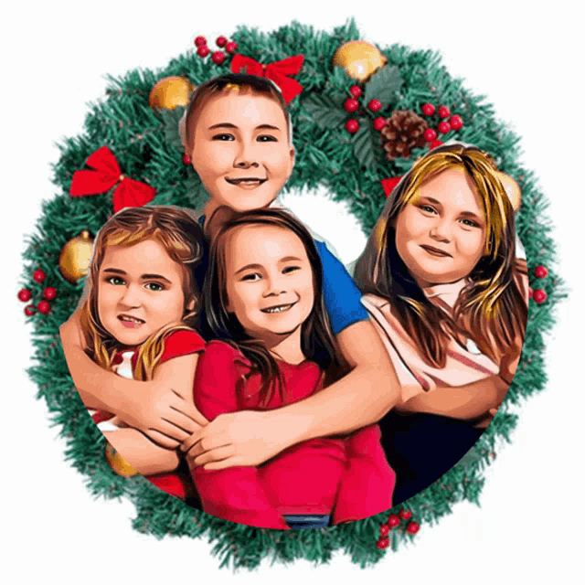 four children are posing for a picture in front of a wreath