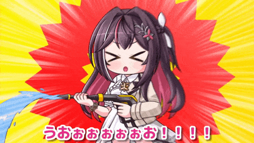 a cartoon girl is holding a hose with chinese writing on the bottom right