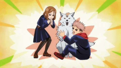 a boy and a girl playing with a white dog