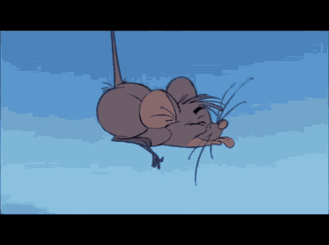 a cartoon mouse is flying through the air with its tongue hanging out