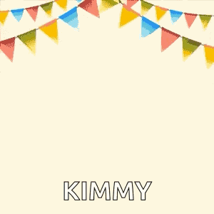 a birthday card with balloons flying over a gift box and the name kimmy .