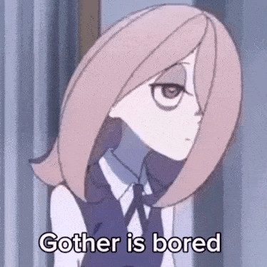 a cartoon girl is standing in front of a window with the words `` gother is bored '' written on it .