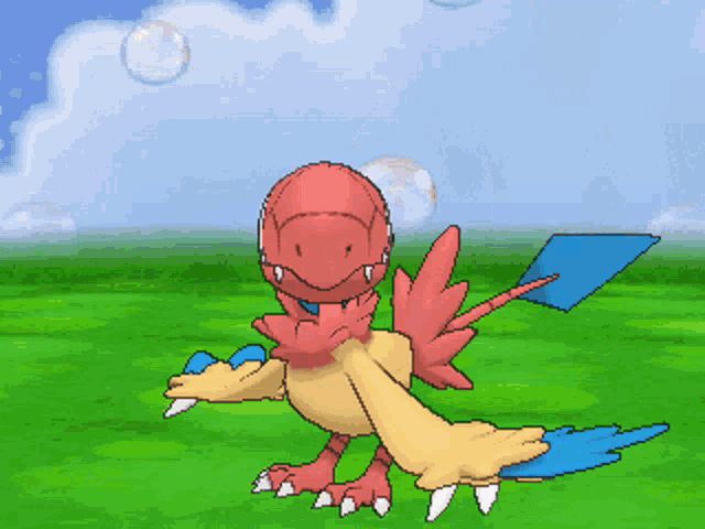 a cartoon of a bird with a blue tail is standing in a field