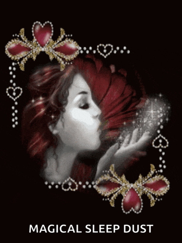 a picture of a woman blowing dust with the words magical sleep dust below it