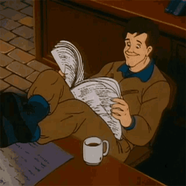 a cartoon of a man reading a newspaper with a cup of coffee
