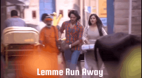 a group of people walking down a street with the words lemme run away