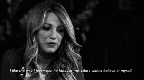 a black and white photo of a woman with the words " i like the way i feel when he looks at me "
