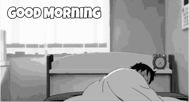 a black and white photo of a person sleeping with the words " good morning " above