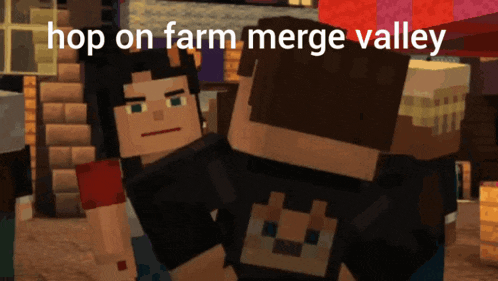a screenshot of a video game with the words hop on farm merge valley