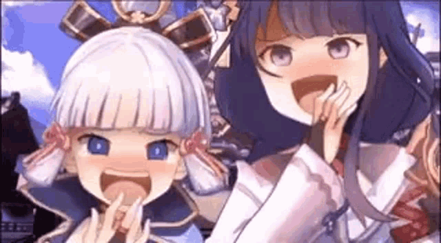 a couple of anime girls standing next to each other .