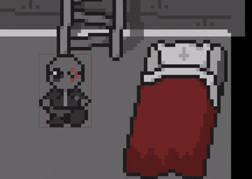 a pixel art drawing of a man standing next to a bed with a cross on it