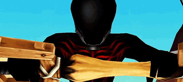 a silhouette of a person holding a wooden object with a blue sky behind them