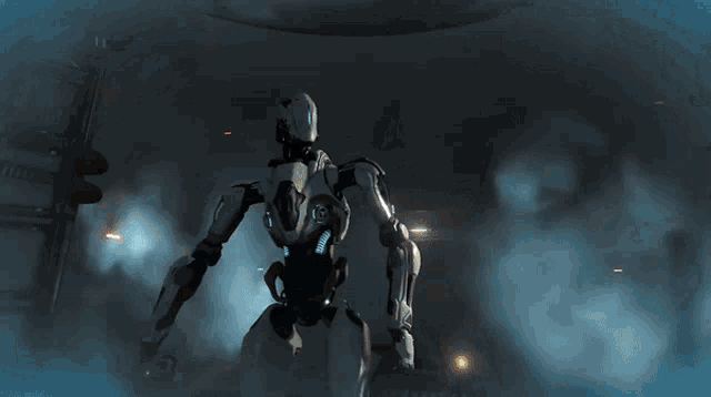 a robot holding a sword with the words i 'm going to shit yourself below it