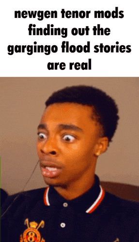 a young man with a surprised look on his face says newgen tenor mods finding out the gardingo flood stories are real .